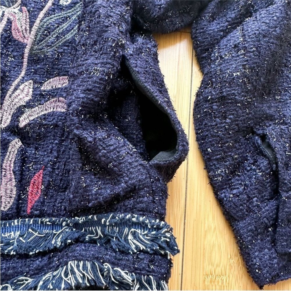 NWT Foxiedox Embroidered Takeo Tweed Frayed Boho Blue Jacket Anthropologie - Picture 5 of 8